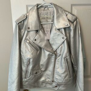 Sebby Silver Leather Moto Jacket with Asymmetrical Zipper